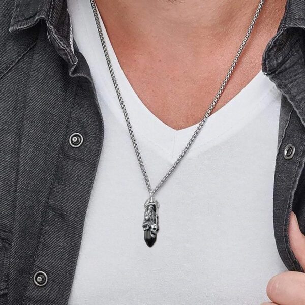 Santa Muerte Necklace 925 Sterling Silver Black Obsidian Grim Reaper Pendant Necklace Jewelry for Men Women, w/Stainless Steel Chain 22''+2'' - Image 2