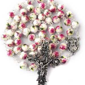 HanlinCC 8mm Round Ceramic Beads with Flower Painting Catholic Rosary Necklace with Maria Center piece and Flower Cross with Leather Gift Box