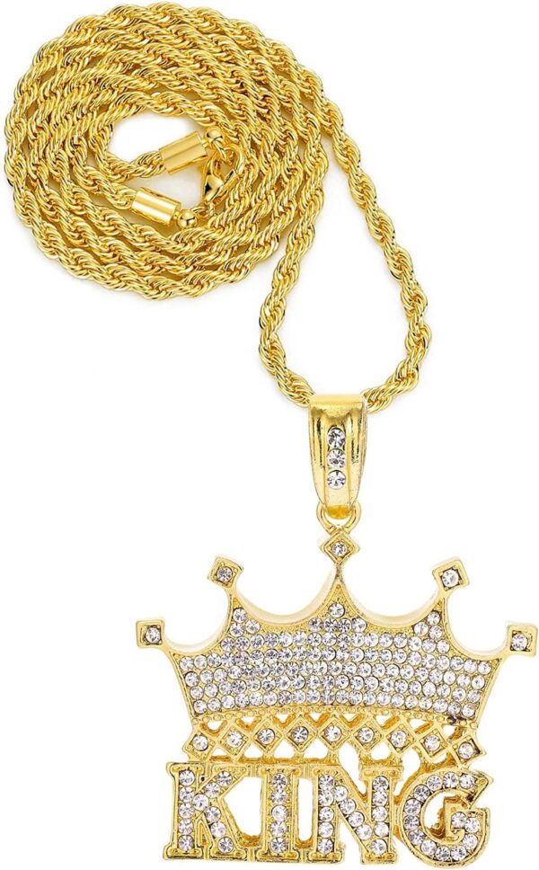 HH BLING EMPIRE 14k Gold Silver Plated Hip Ho Rapper Pendant Chain Necklace for Men, Iced Out Diamond King Pendant with Rope Tennis Chains 22 Inch - Image 3