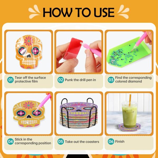 Sugar Skull Diamond Art Coasters - 6 PCS DIY Colorful Diamond Painting Coasters Kits Home Table Decor Art Craft Supplies The Day of Dead Día De Los Muertos Gift for Skull Lovers Mexicans - Image 3