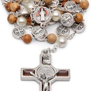 Mondo Cattolico Rosary Beads, Our Father Pearl Beads Round Enameled St. Benedict Centerpiece and Crucifix - Rosarios Catolicos Rosary Beads Necklace in Paesina Stone.