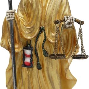 Ebros Gift Standing Santa Muerte Holding Scythe and Scales of Justice in Gold Robe Statue 10" Tall Holy Death Bone Mother Patron of Success and Wealth Altar Figurine