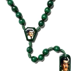 Jesus Malverde Green Wooden Wood Beads Rosary Handmade Necklace Rosario Madera Verde Collar
