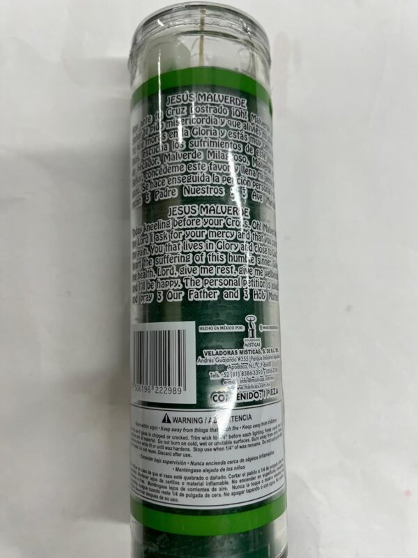 Brilux Jesus Malverde Prepared Scented Green Pillar Candle in Glass - Image 2