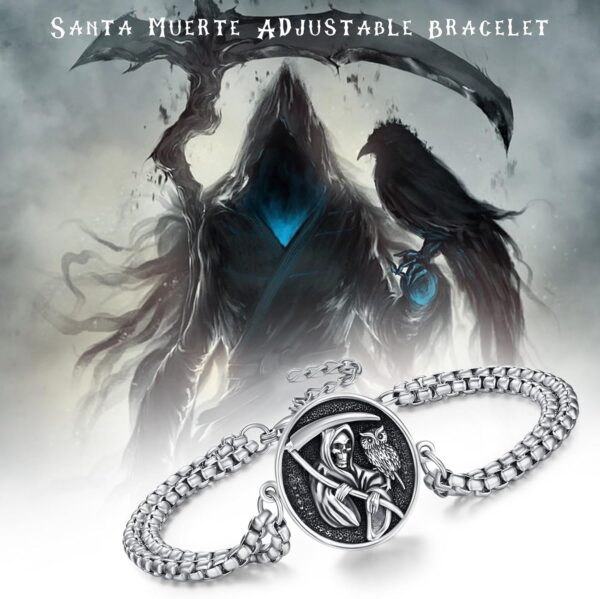 Santa Muerte Bracelet 925 Sterling Silver Grim Reaper Bracelet Owl Skull Santa Muerte Bracelet Oxidation Skull Holy Death Scythe Aumelt Charm Bracelet Mother's Day Santa Muerte Jewelry for Men Women - Image 7
