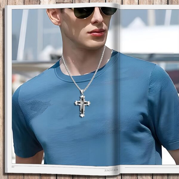 JUNOVUROS Stainless Steel Jesus Christ Cross Pendant Necklace for Men, 20 to 28 In Rolo/Byzantine Chain, 2 Sizes of Religious Jewelry with Silver/Gold/Black - Image 2