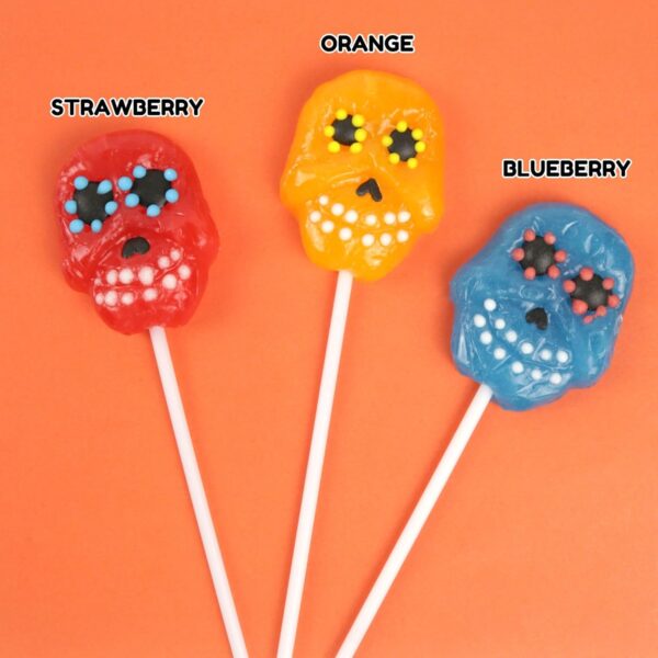 Sweetzo Halloween Sugar Skull Candy Lollipops, Individually Wrapped Dia De Los Muertos Suckers, Strawberry, Orange and Blueberry Flavored (24 Pieces) - Image 3