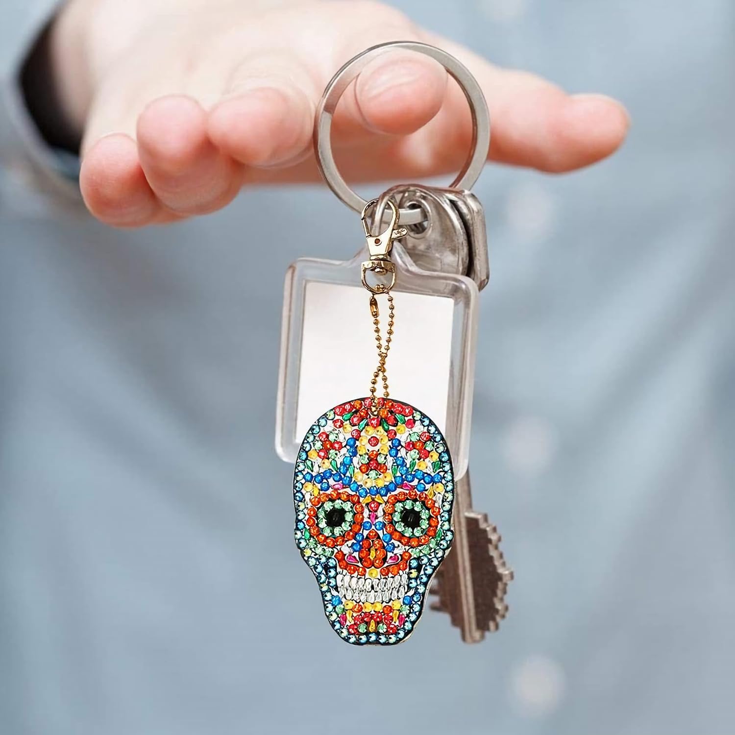 5 Pcs Sugar Skull DIY Diamond Painting Keychains Kit, Diamond Art Keychains for Women Men Kids, Crystal Rhinestone Diamond Skull Hanging Charms for Bag, Purse, Phone or Car Decoration - Image 4