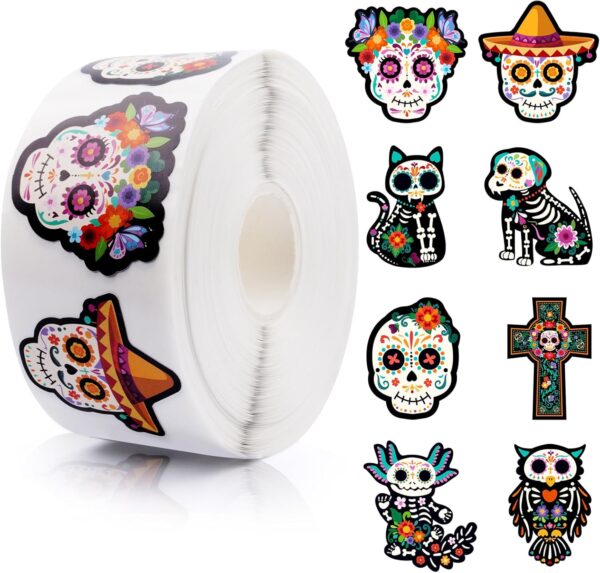 Sugar Skull Stickers Roll, 1000Pcs Day of The Dead Stickers Kids Dia De Los Muertos Decorations, Decor for Water Bottle Scrapbook Gift Boxes Kids Party Supplies