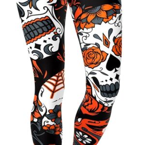 sissycos Women's Sugar Skull Leggings Buttery Soft Rose Flower Printed Halloween Stretchy Pants 28"