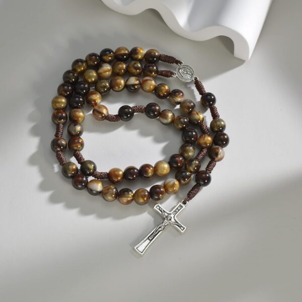 10mm Brown Beads Catholic Rosary Handmade Braided Rosaries with Curcifix Cross and Holy Mary Medal Amulet Rosary Beads Necklace for Women Men - Image 3