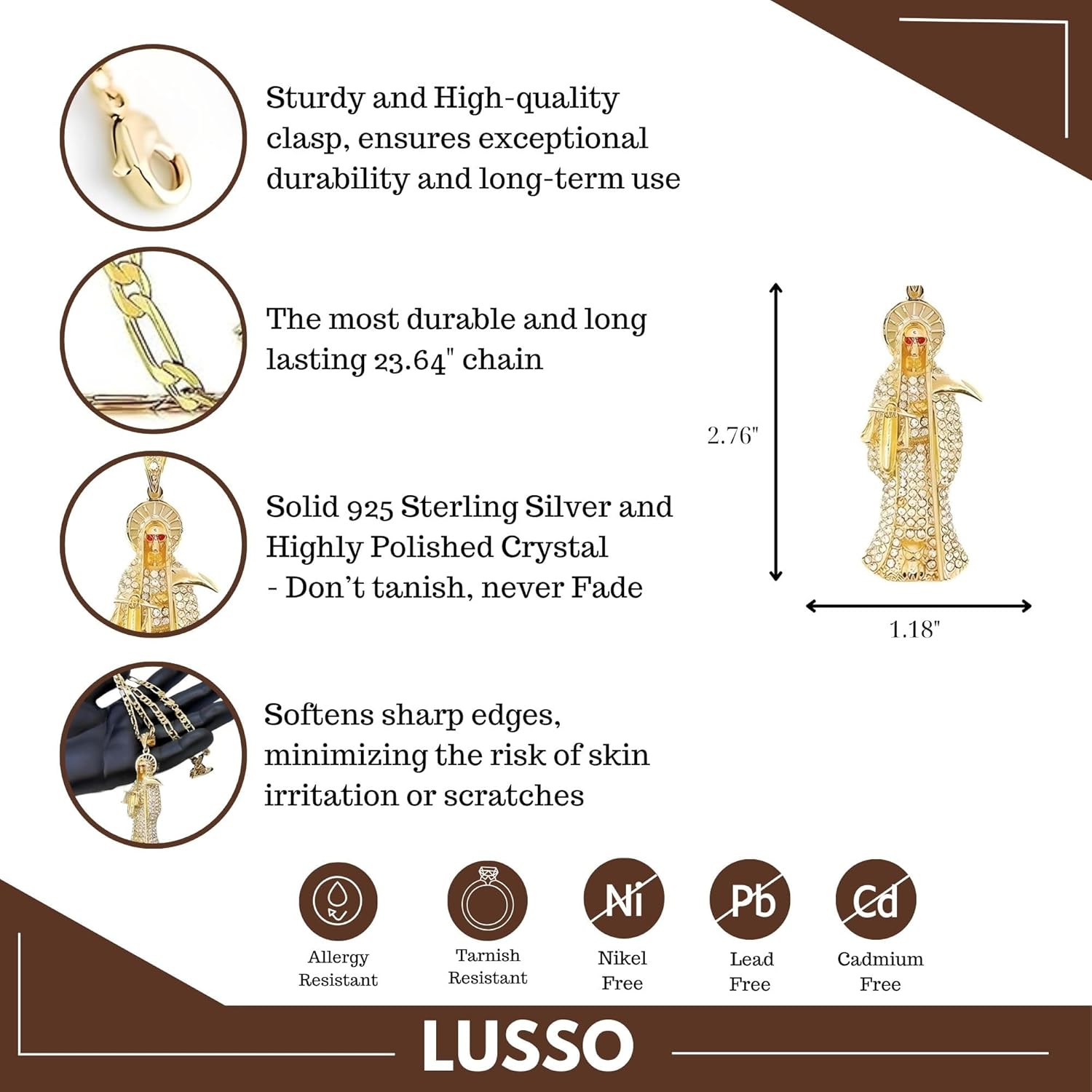 14k Yellow Gold La Santa Muerte Necklace For Women And Men - Holy Death's Pendant Necklace, Santa Muerte Pendant Necklace With Chain, Holy Saint Death Necklace Religious Jewelry For Women Men - Image 3