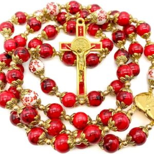 Nazareth Store Saint Benedict 10mm Glass Rosary Beads Catholic Necklace Flowers Mystery Bead Miraculous Medal Locket Cross Prayer Rosarios Catolicos