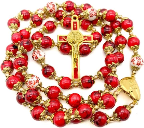 Nazareth Store Saint Benedict 10mm Glass Rosary Beads Catholic Necklace Flowers Mystery Bead Miraculous Medal Locket Cross Prayer Rosarios Catolicos
