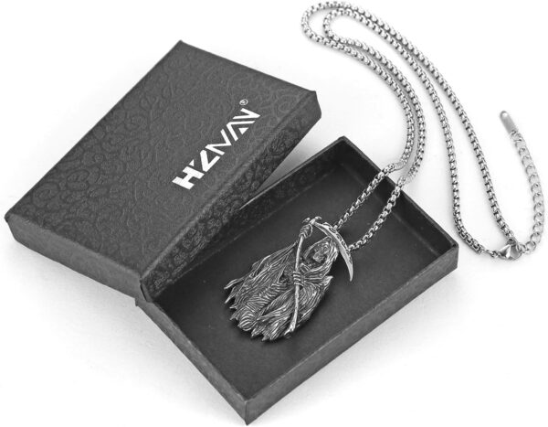 HZMAN Santa Muerte Necklace for Men Stainless Steel Gothic Grim Reaper Saint Death Sickle Skull Pendant Necklace Jewelry Gift - Image 7