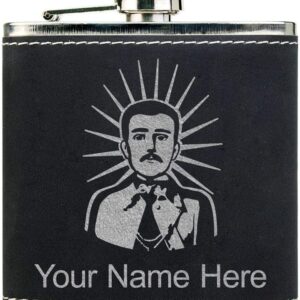 Faux Leather Flask, Malverde, Personalized Engraving Included (Black With Silver)