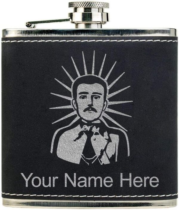 Faux Leather Flask, Malverde, Personalized Engraving Included (Black With Silver)