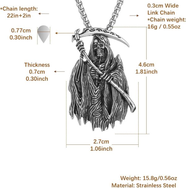 HZMAN Santa Muerte Necklace for Men Stainless Steel Gothic Grim Reaper Saint Death Sickle Skull Pendant Necklace Jewelry Gift - Image 6