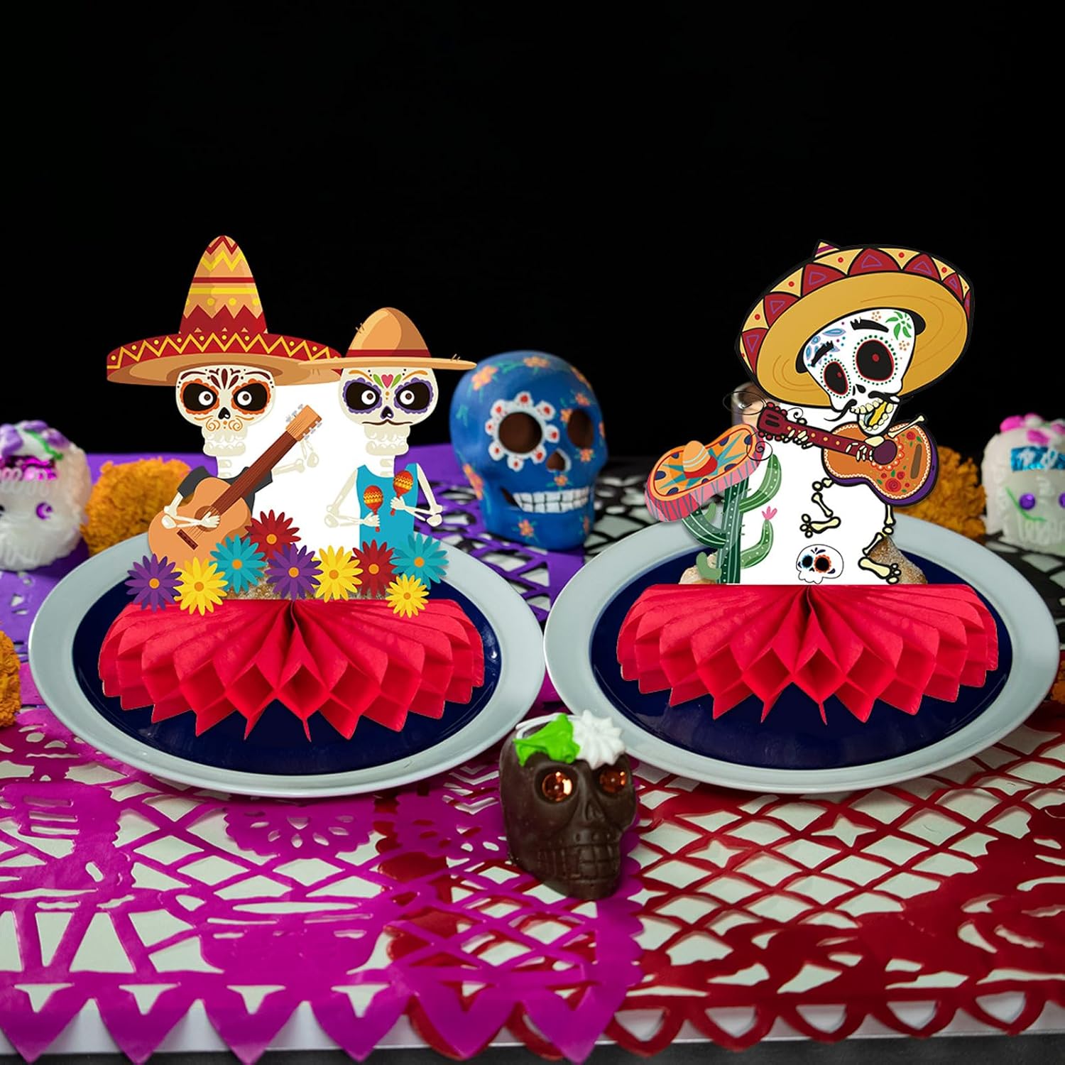 Day of The Dead Decorations - 9 Pieces Dia De Los Muertos Honeycomb Table Toppers Cutouts Sugar Skull Flowers Centerpieces Day of The Dead Decor Mexican Party Supplies - Image 4