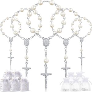 50 Packs Baptism Favors Set Acrylic Rosary Beads Faux Pearls with Organza Bags and Cross Baptism Favor Boxes Recuerdo De Boda Y Bautizo for Christening Weddings Party Favors(Silver Pearl Bracelet)