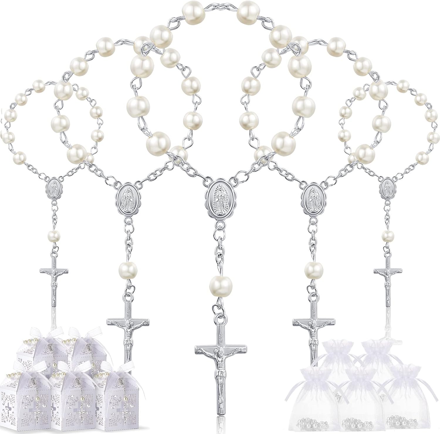 50 Packs Baptism Favors Set Acrylic Rosary Beads Faux Pearls with Organza Bags and Cross Baptism Favor Boxes Recuerdo De Boda Y Bautizo for Christening Weddings Party Favors(Silver Pearl Bracelet)