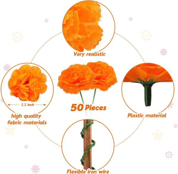 Artificial Marigold Flowers - 50 Pcs Halloween Decoration Orange Marigold Head Silk Fake Paper Flowers Garland Dia De Los Muertos Decor for Festival Backdrop (Orange) - Image 7