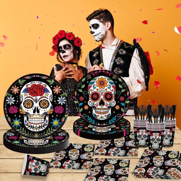 140Pcs Day of the Dead Party Supplies Sugar Skull Tableware Set Día de los Muertos Party Decorations Plates and Napkins, Halloween Birthday Party Supplies,Serve for 20 Guests - Image 5