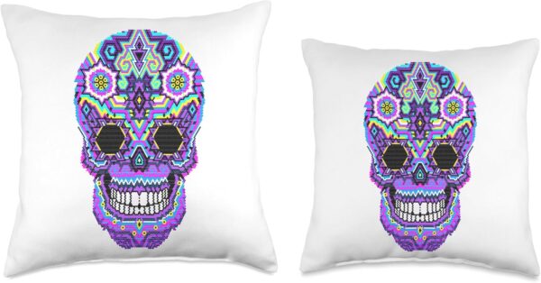 Dia de los Muertos Sugar Skull Huichol Mexican Art Design Throw Pillow - Image 3