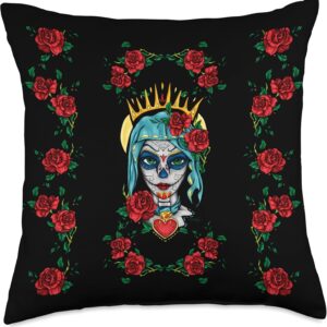 Santa muerte with red roses, mexican sugar skull portrait Throw Pillow