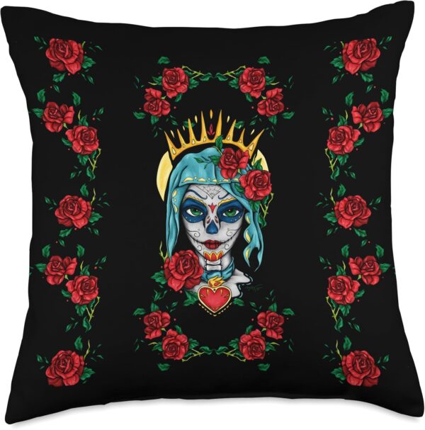 Santa muerte with red roses, mexican sugar skull portrait Throw Pillow