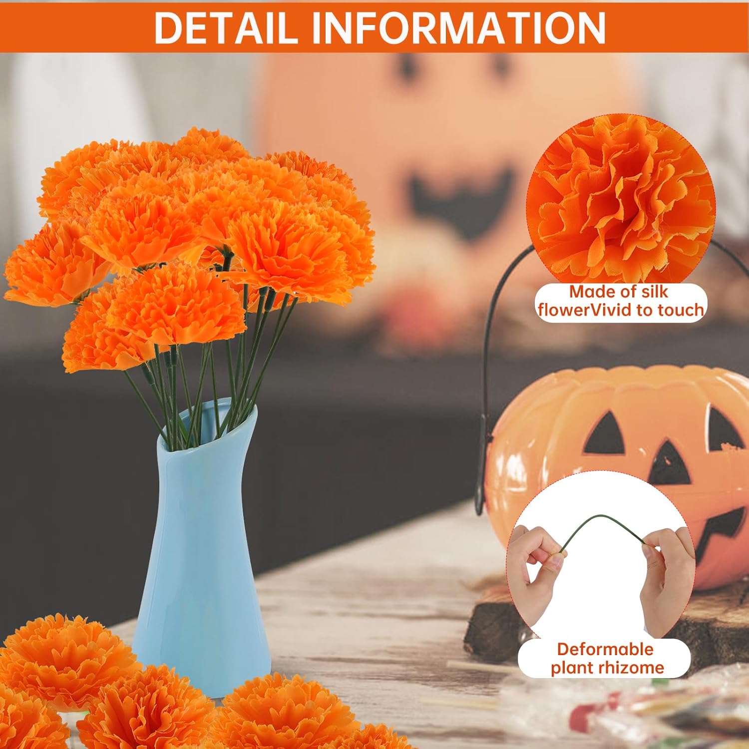 Hananona 50Pcs Artificial Marigold Flower Heads, Silk Marigold Heads Bulk Fake Flowers for Dia De Los Muertos Decor DIY Marigold Garland Day of The Dead Decorations - Image 3