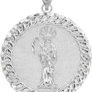 Solid 925 Sterling Silver Santa Muerte (Grim Reaper) Cuban Link Round Frame Pendant Necklace and Pendant Only