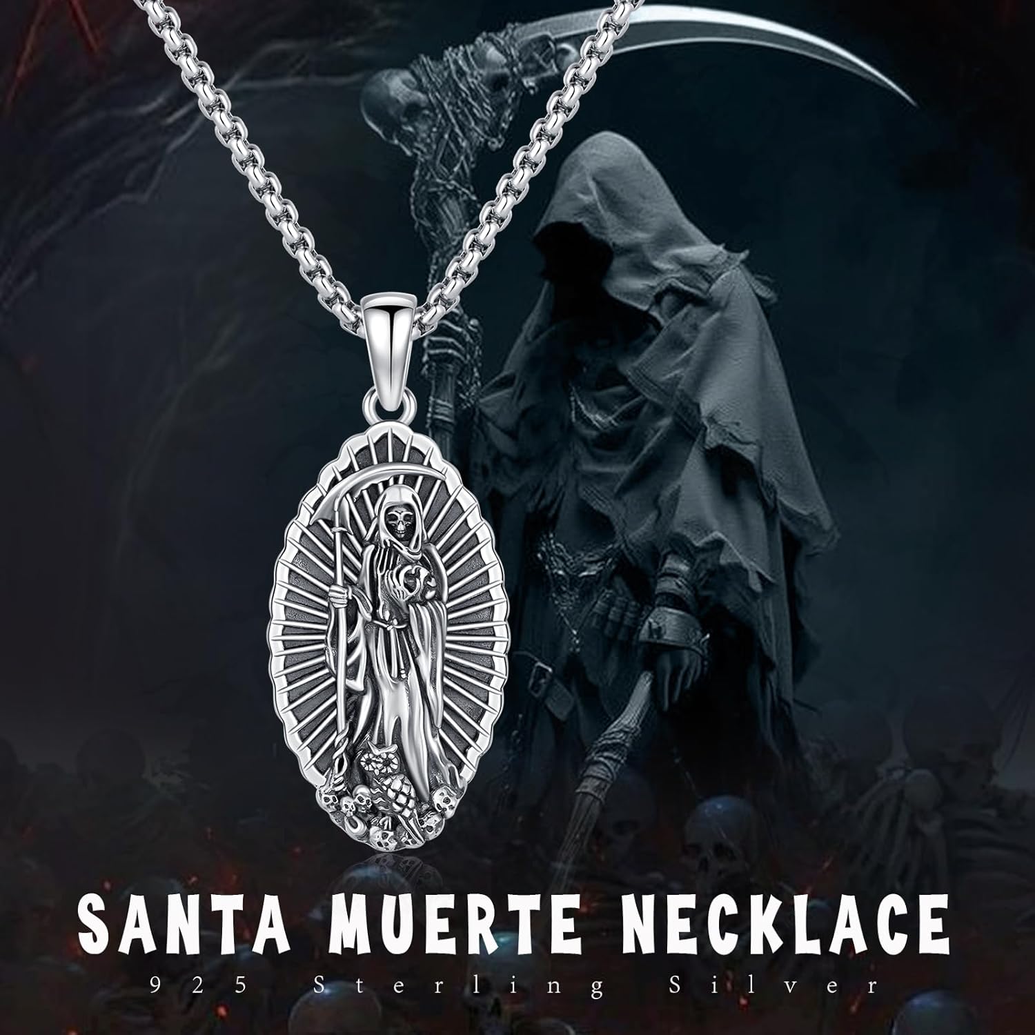 Santa Muerte Necklace 925 Sterling Silver Oxidation Grim Skull with Scythe Pendant Grim Reaper Necklace Skull Jewelry Gift for Men Halloween - Image 6