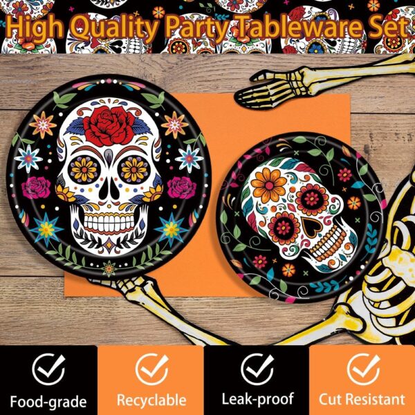 140Pcs Day of the Dead Party Supplies Sugar Skull Tableware Set Día de los Muertos Party Decorations Plates and Napkins, Halloween Birthday Party Supplies,Serve for 20 Guests - Image 3