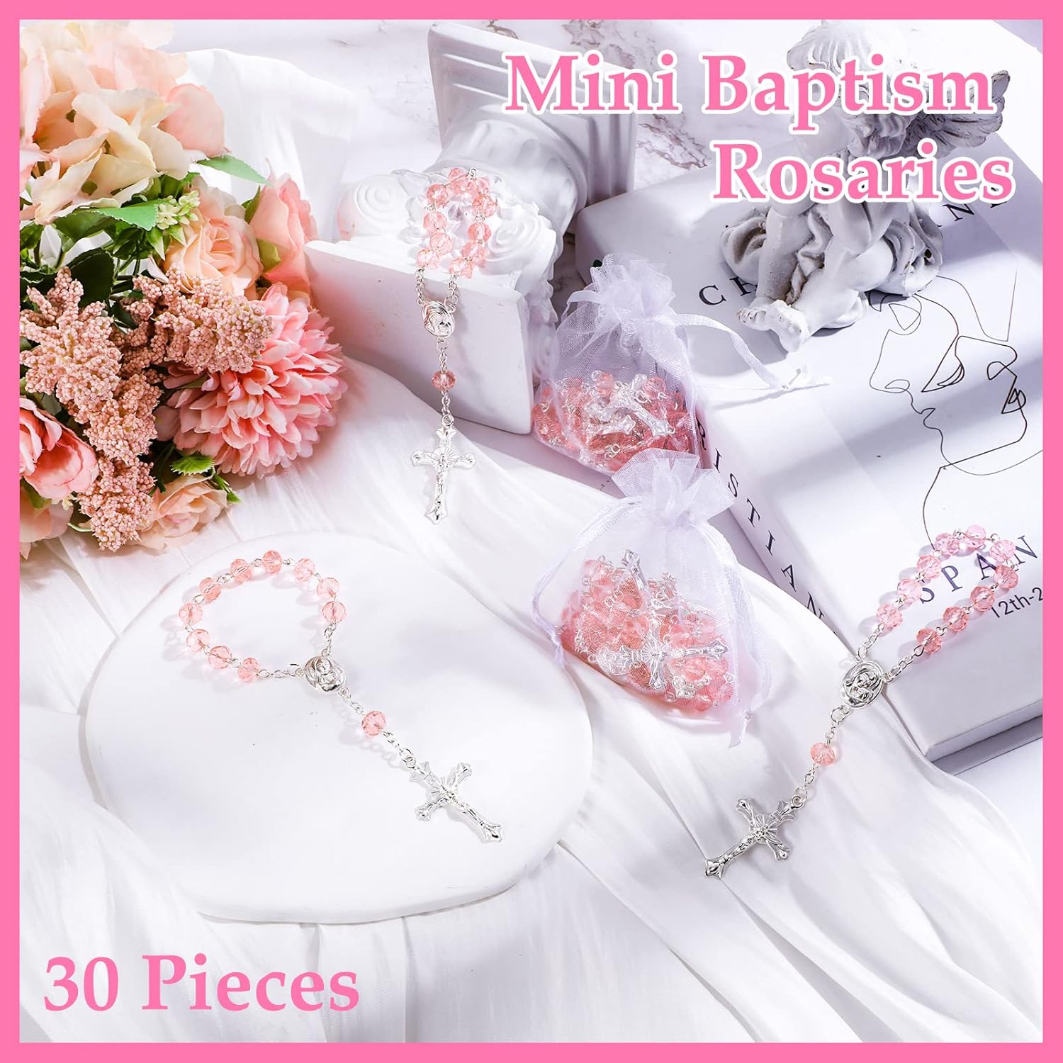 Yinkin 30 Pieces Baptism Rosary Catholic Mini Rosaries Baptism Favors for Guests Party Favors Rosary Beads for Baptism with 30 Pcs Organza Bags for Christening Weddings First Communion Gift - Image 4
