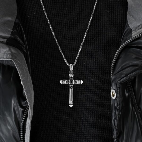 Cross Necklace for Men,Stainless Steel Black Gold Silver Jesus Christ Crucifix Pendant Necklaces Meaningful Religious Jewelry，60cm Rolo Chain - Image 2