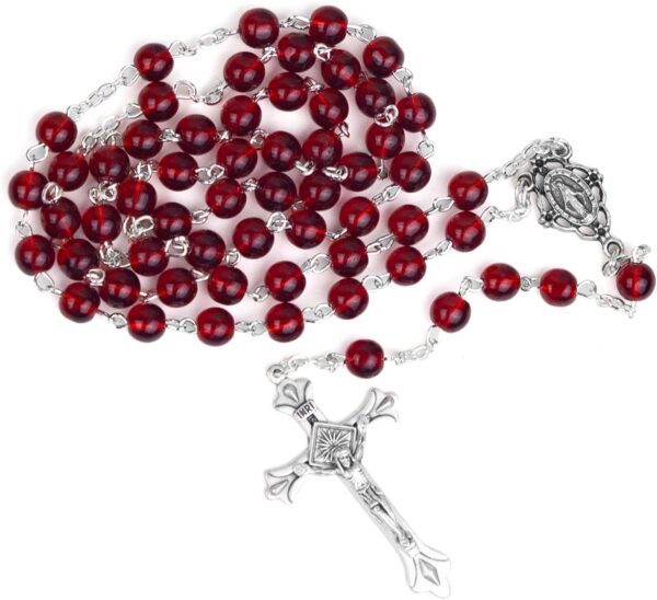 True Faith Jewelry 6mm Round Crystal Glass Holy Rosary Prayer Beads Necklace with Jesus Crucifix Cross and Our Lady Of Grace Miraculous Virgin Mary, for Women and Men, 17.5-Inch, Multiple Bead Colors
