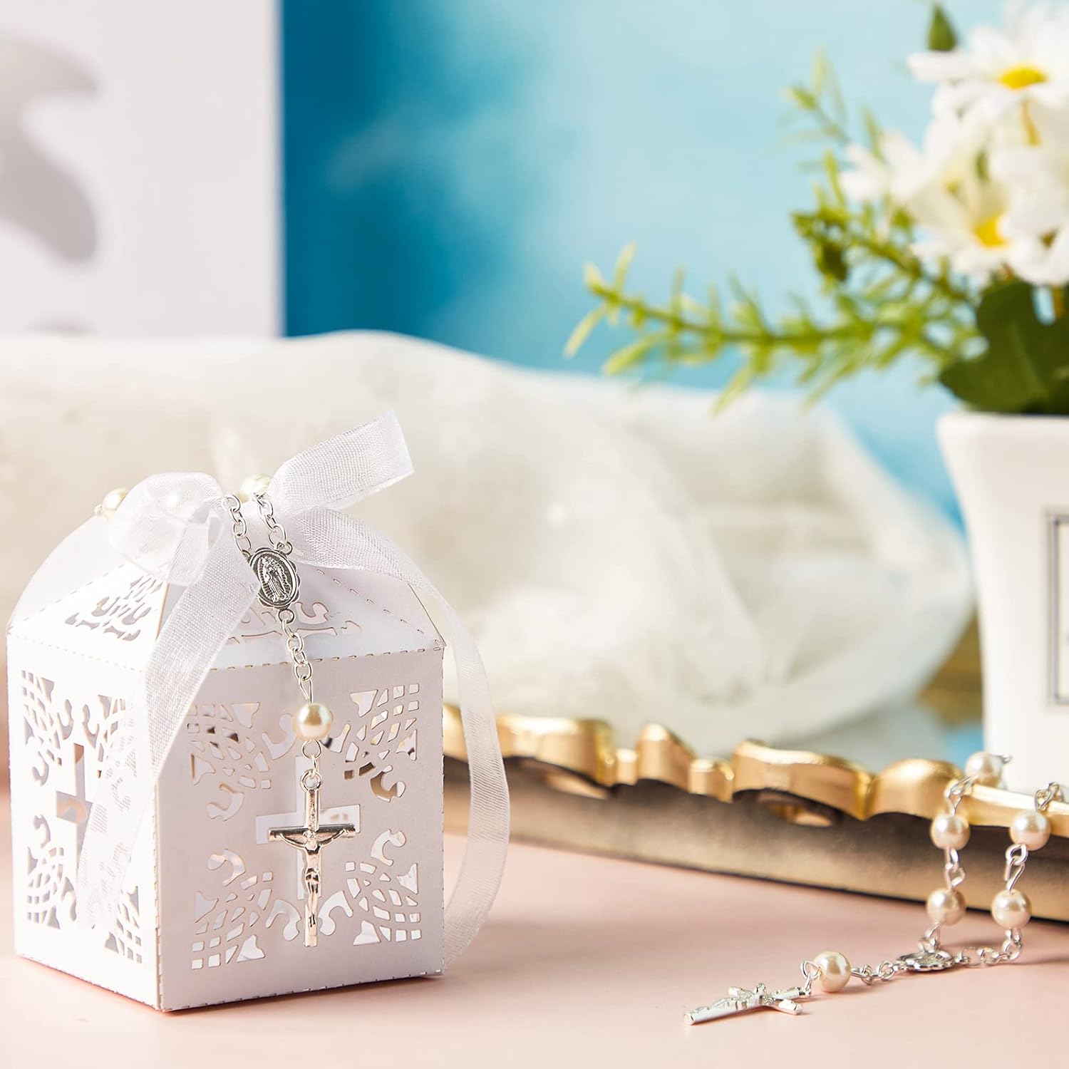 50 Packs Baptism Favors Set Acrylic Rosary Beads Faux Pearls with Organza Bags and Cross Baptism Favor Boxes Recuerdo De Boda Y Bautizo for Christening Weddings Party Favors(Silver Pearl Bracelet) - Image 5