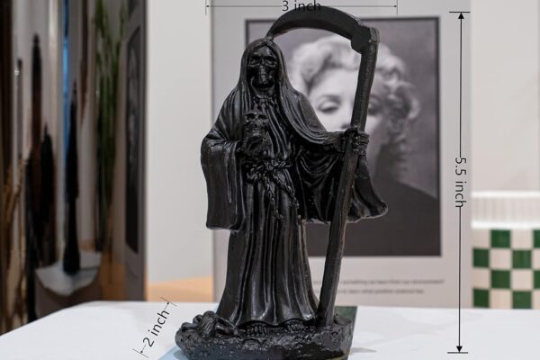 EASCHEER 5.3" Holy Death Santa Muerte Holding Scythe in Black Tunic Robe Statue, Grim Reaper Statue，Altar Sculpture, Standing Religious Decorative Figurine - Image 2