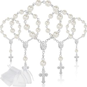 30 Pieces Mini Rosaries Baptism Rosary Beads Acrylic Ivory Color Finger Baptism Rosaries Faux Pearls with Organza Bags for Christening Weddings Party Favors