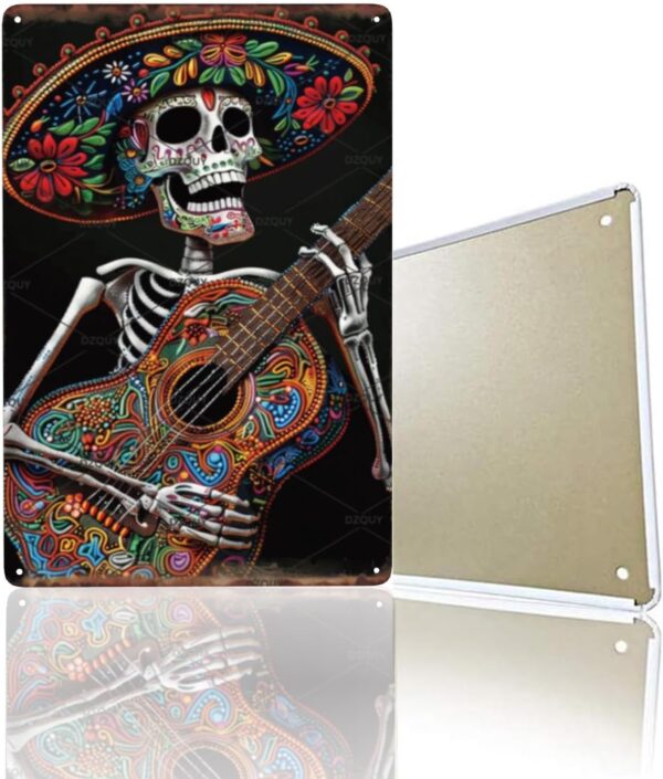 Mexican Skeleton Playing Guitar Signs Mexico Day Of The Dead Skull Wall Tin Sign Vintage Mexico Poster Day Of The Dead Decor Wall Decor Pub Plaque For Home Bedroom Living Room 12x8 Inch
