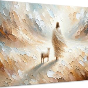 Jesus Leaves the 99 Sheep Canvas Wall Art, Christian Jesus Lamb Wall Decor Painting, The Lost Sheep Bible of Parable Posters Prints for Living & Prayer Room Church Home Decor 12x16 In Framed