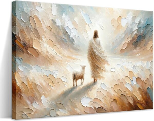 Jesus Leaves the 99 Sheep Canvas Wall Art, Christian Jesus Lamb Wall Decor Painting, The Lost Sheep Bible of Parable Posters Prints for Living & Prayer Room Church Home Decor 12x16 In Framed