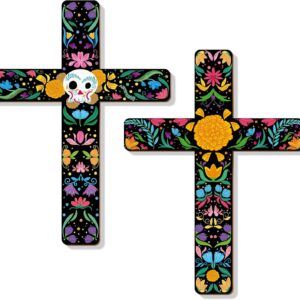 Bnesi 2 Pcs Floral Cross Wall Decor Mexican Home Decor Ofrenda Decoration Day of The Dead Decoration Spanish Style Crucifix Wall Cross for Home Room Church Decor