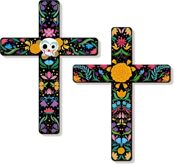 Bnesi 2 Pcs Floral Cross Wall Decor Mexican Home Decor Ofrenda Decoration Day of The Dead Decoration Spanish Style Crucifix Wall Cross for Home Room Church Decor