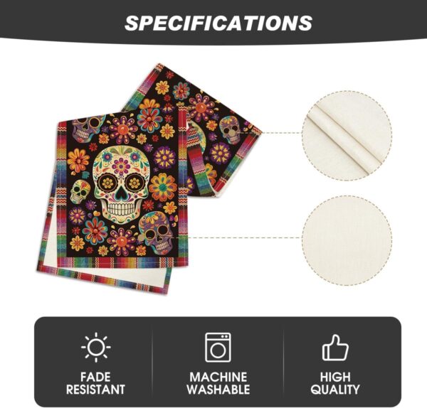Artoid Mode Flowers Sugar Skull Mexican Day of The Dead Table Runner, Dia De Los Muertos Kitchen Dining Table Decoration for Home Party Decor 13x72 Inch - Image 5