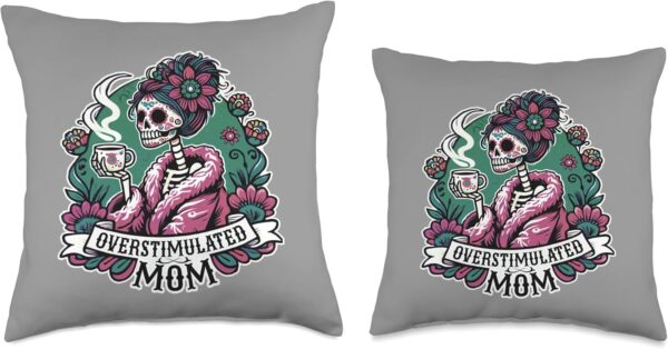 Coffee Obsessed Skeleton Mom Dia de los Muertos Art Throw Pillow - Image 3
