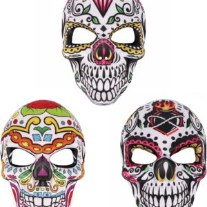 KIPETTO Day of The Dead Masks 3Pcs Skull Full Face Mask for Halloween Cosplay Mexican Masquerade Party Costume