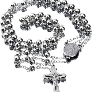 30" Stainless Steel Rosary Beads Necklace 6mm Silver Color with Jesus Christ Crucifix Cross