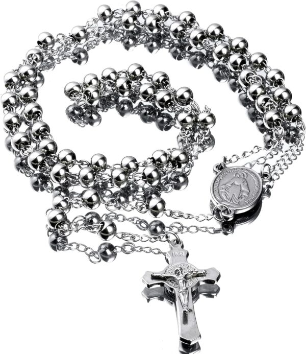 30" Stainless Steel Rosary Beads Necklace 6mm Silver Color with Jesus Christ Crucifix Cross